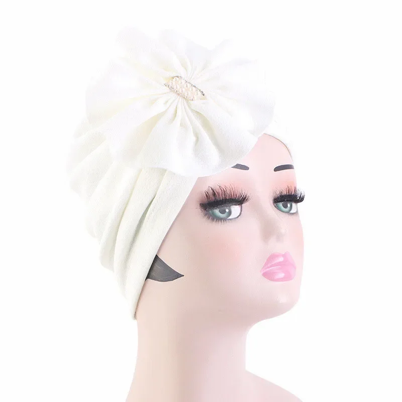 

Big Flower Pearl Beads Turban Women Chemo Cap Muslim Hijab Headscarf Bonnet Hat Hair Loss Head Cover Skullies African Headties