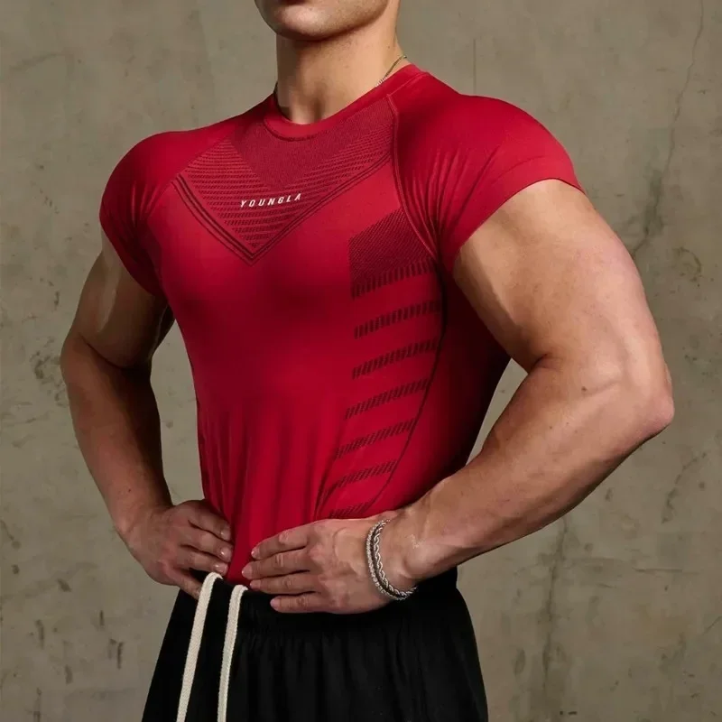 Gym Sports T-shirts Training fitness Men T-shirts Quick breathable elastic tight clothing Basketball tops Short Sleeves T-shirts