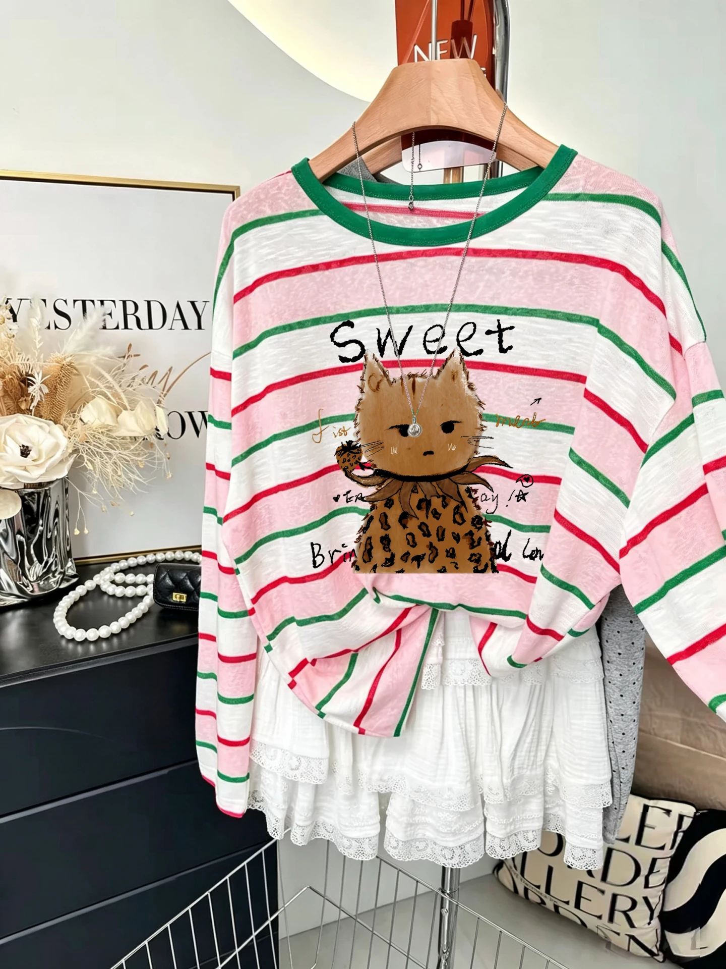 Korean Style Long Sleeve T-Shirt Women's Loose Fit Printed Thin Sun Protection Top Fashion Anti-Aging Striped Design Cotton