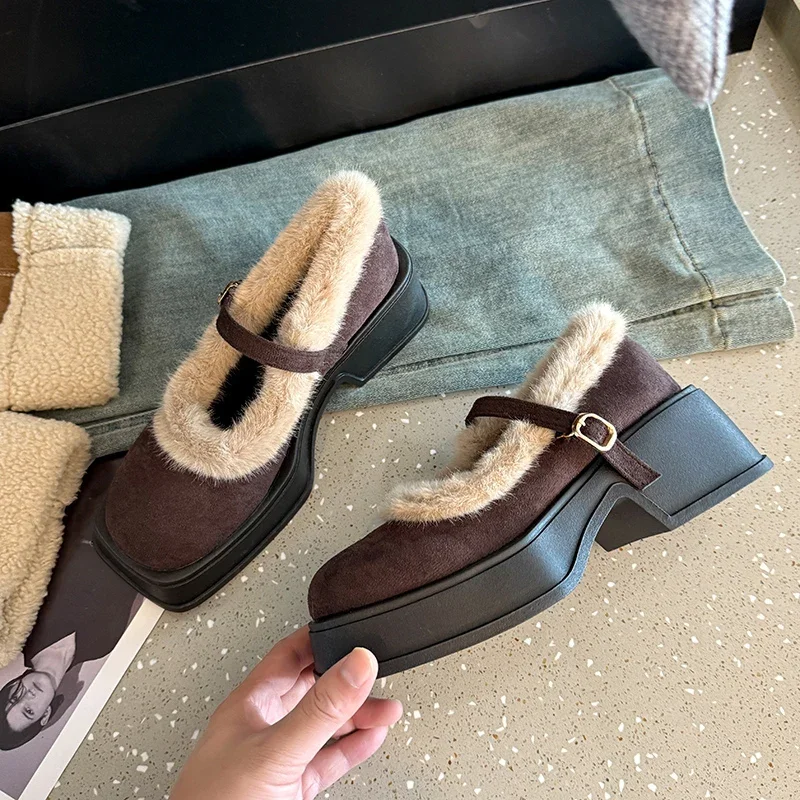 

2025 Autumn/winter New Women's Thickened Fce-lined Snow Boot Slippers Increased Heel High Top Fluffy Drags Rubber Outsole