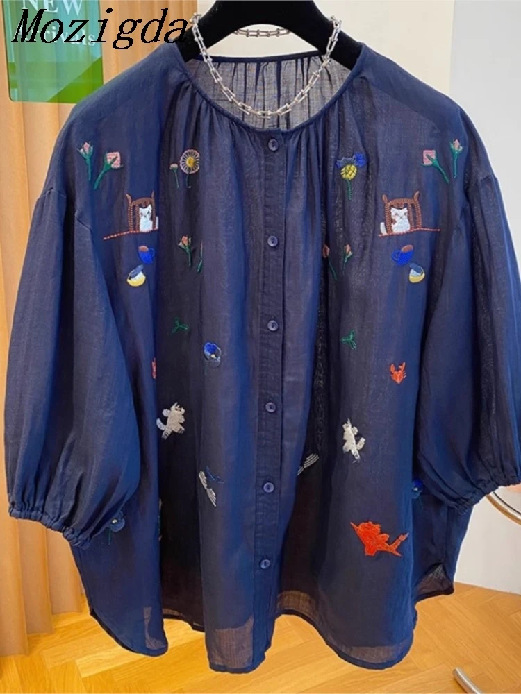 

Летняя женская рубашка из французского льна больших размеров с вышивкой, свободного кроя, с рукавами-крылышками, из хлопка, женские топы, Camisa Femenina