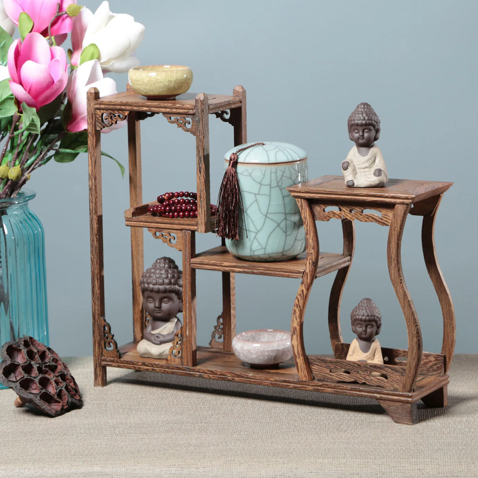 

Wooden Display St Chicken Wing Wood Curio Cabinet Vintage nament Rack Tea Pot Cup Jade Storage Home Decor