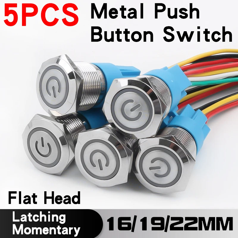 

Metal Button Switch 5PCS Waterproof with piug-in Flat Head 16/19/22MM 5Pin With Led 1NO1NC Momentary Latching Ring SymbolLED