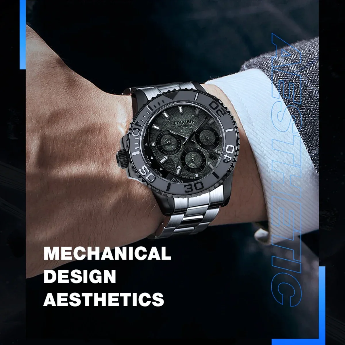 Black Yacht Design Style Case with Sapphire Crystal Water Resistant for NH35 Nh36 Nh34 Automatic Mechanical Movement Watch Case image 5