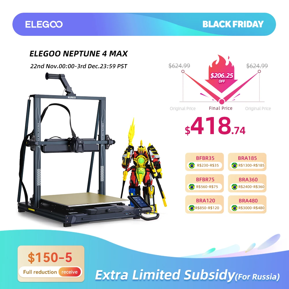 Impressora 3D ELEGOO NEPTUNE 4 MAX FDM com velocidade de impressão de até 500 mm/s, extrusora direta de engrenagem dupla, volume de construção 420x420x480mm