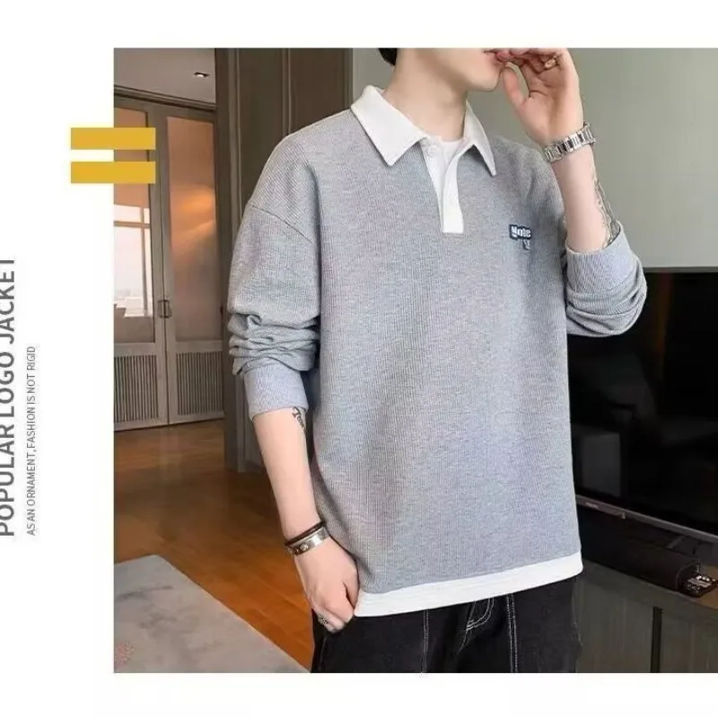 

Новая мужская повседневная свободная толстовка-поло с лацканами на весну и осень 2024, топ для людей среднего и молодого возраста, простая тенденция мужской одежды
