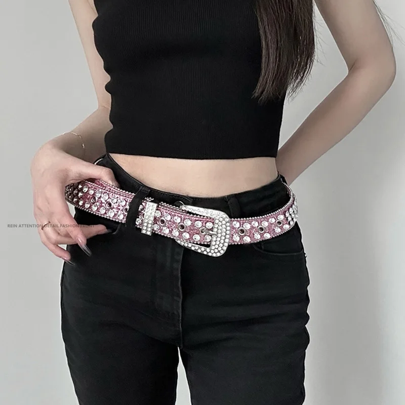 Y2K Rhinestone Belt for Women Men Studded Crystal Luxury Brand Designer Waist Strap Punk Bling Jeans Street Fashion Waistband