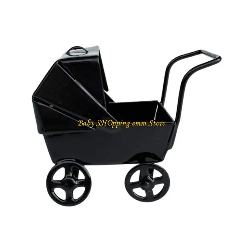 23GD Preto Pram 1:12 Modelo Realista Mini Berço Decorativo Pretend Play Toy