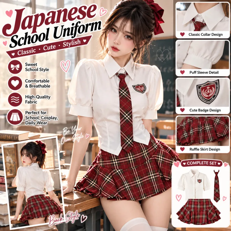 JK Uniform Set Women Preppy Style Schoolgirl Outfit White Puff, Sleeve Shirt Plaid Pleated Mini, Skirt Tie Bowknot Cosplay Gift