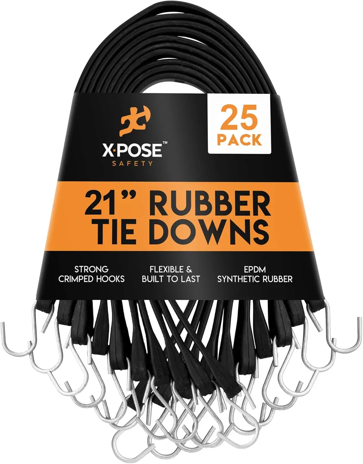 Bungee Cords with Hooks - Black EPDM Synthetic Heavy-Duty Rubber Tie Down Straps for Outdoor, 21 inch 50 Pack (32