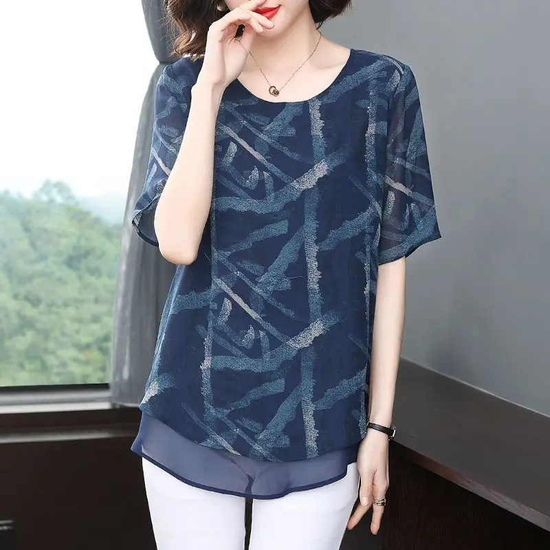 Plus size chiffon blouse met korte mouwen voor dames zomer nieuwe modieuze en chique grote maten tops voor mollige jonge moeders