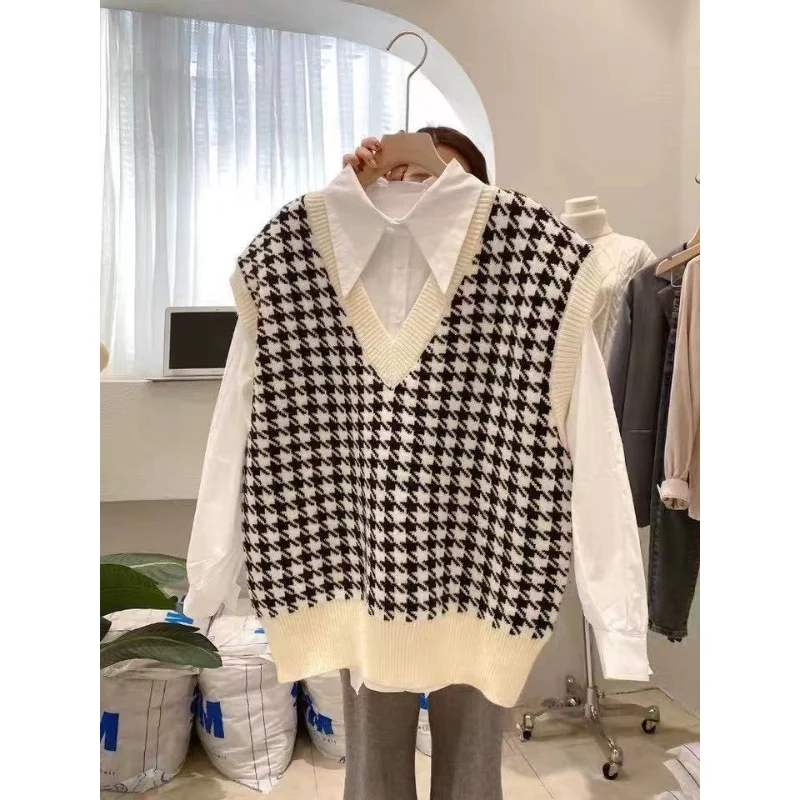 Autumn Fashion Loose Houndstooth Knitted Vest Sweater Casual V Neck Sleeveless Thick Sweater Waistcoat Chic Tops Female 17502