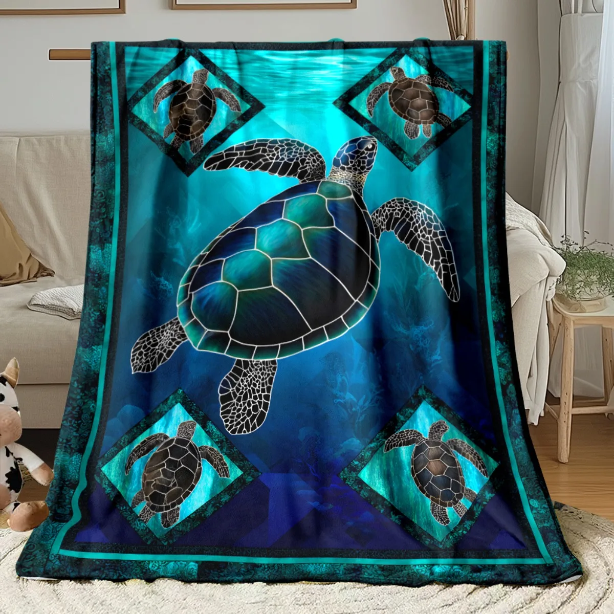 Colorful Marine Sea Life Throw Blanket Whale Sea Turtle Octopus Coral Reef Print Abstract Vibrant Decorative Couch Blanket