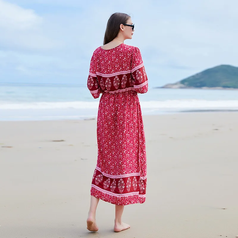 Boho V-neck Muslim Dress for Women Seaside Holiday Swing Dresses Plus Size Print Abaya Dubai Turkish Kaftan Arab Robe Vestidos