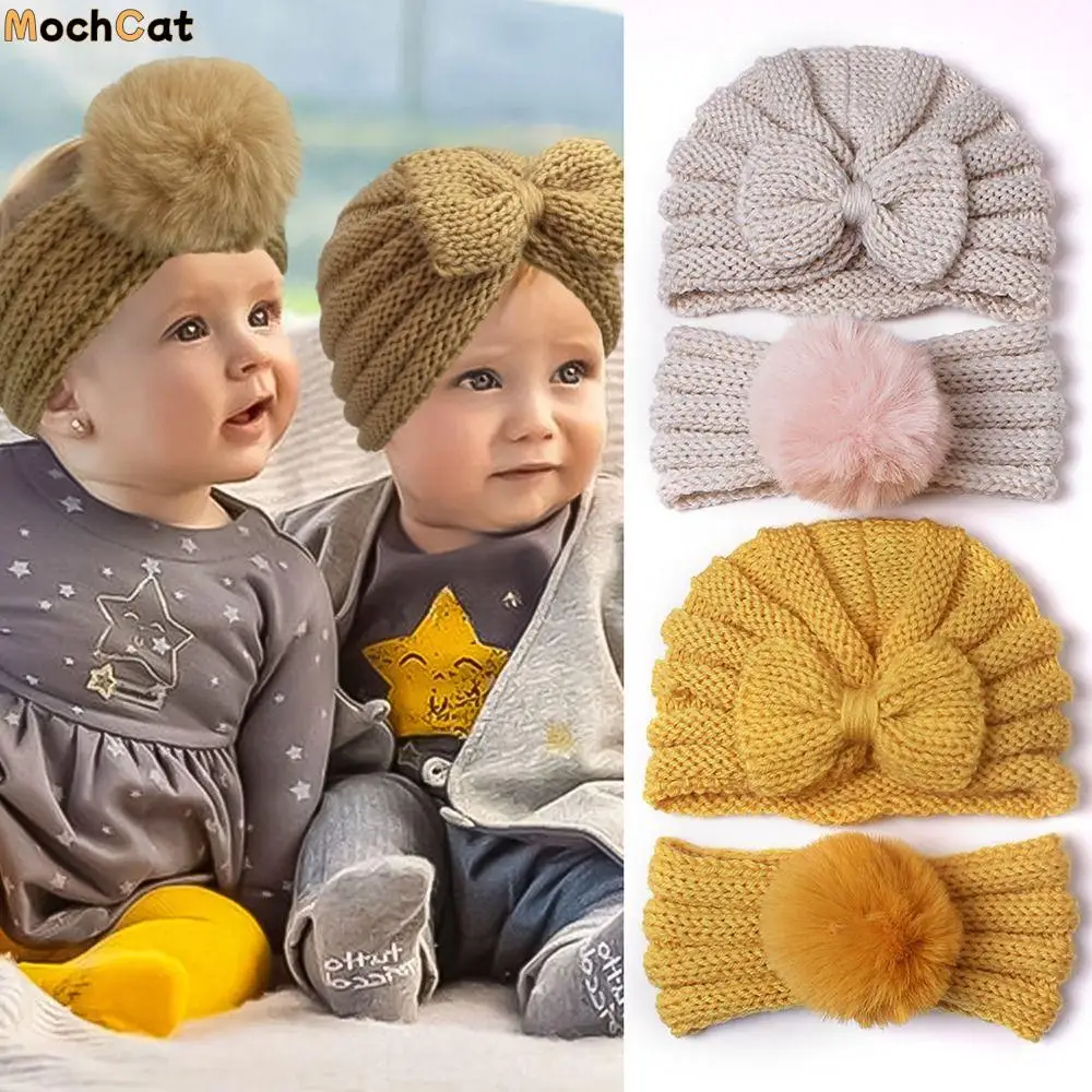 

Comfortable Soft Bow Children Headwear Winter Warm Plush Ball Bonnet Toddler Beanies Cap Hat Hair Band Set Baby Knitted Hat