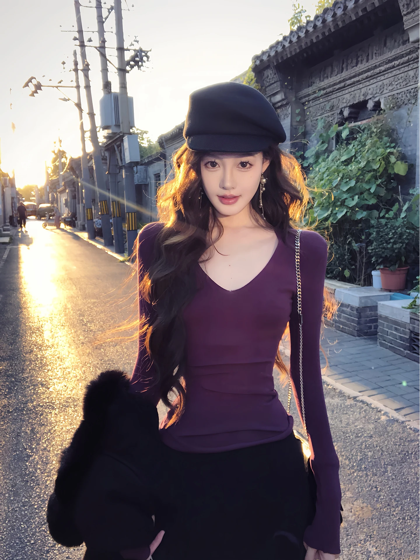 

een Vegetable Printed V-Ne Elastic Knitwear Casual Sle Slim Fit Soft Acrylic Blend Long Sve Thermal Top with Fi Ta...