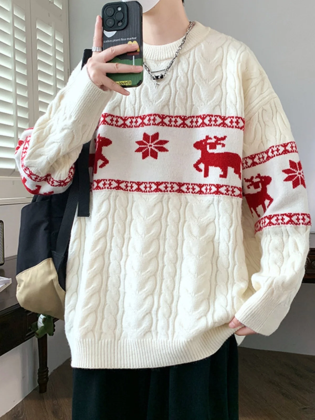 

Тематический вязаный свитер Cisas с низким воротником, осень-зима, красный олень, вышивка, мужская модная новогодняя одежда