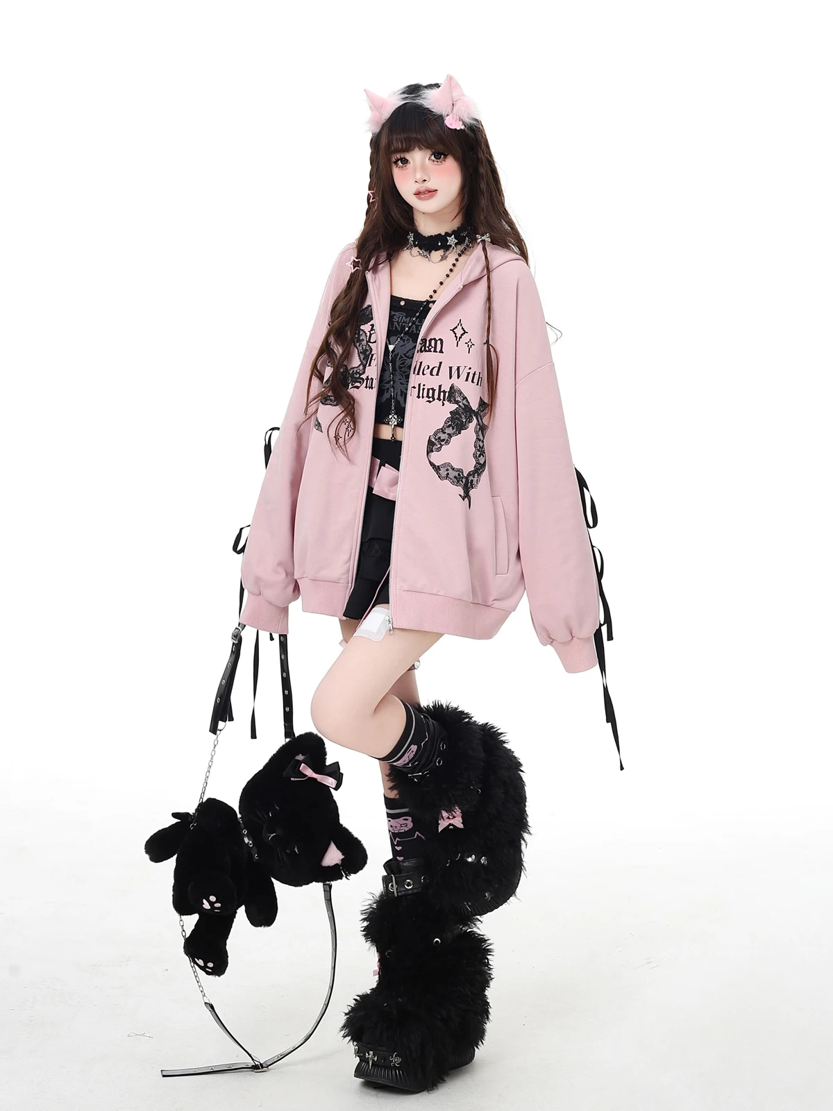 Highstreet Sweet Cool Hot Girl Y2K Tops Bow Lace Splicing Zip Up Hoodies Casual Oversized Sweatshirts Jackets Women Spring 2025