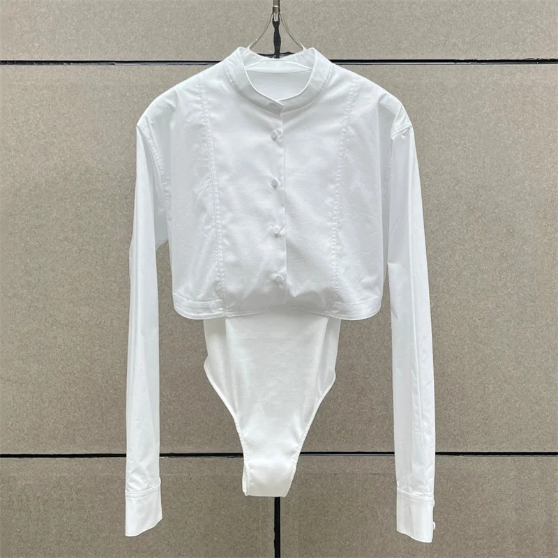 

Bodysuit women New spring 2026 single breasted slim fit lapel long sleeved top Fashion patchwork women's shirt Women's corset