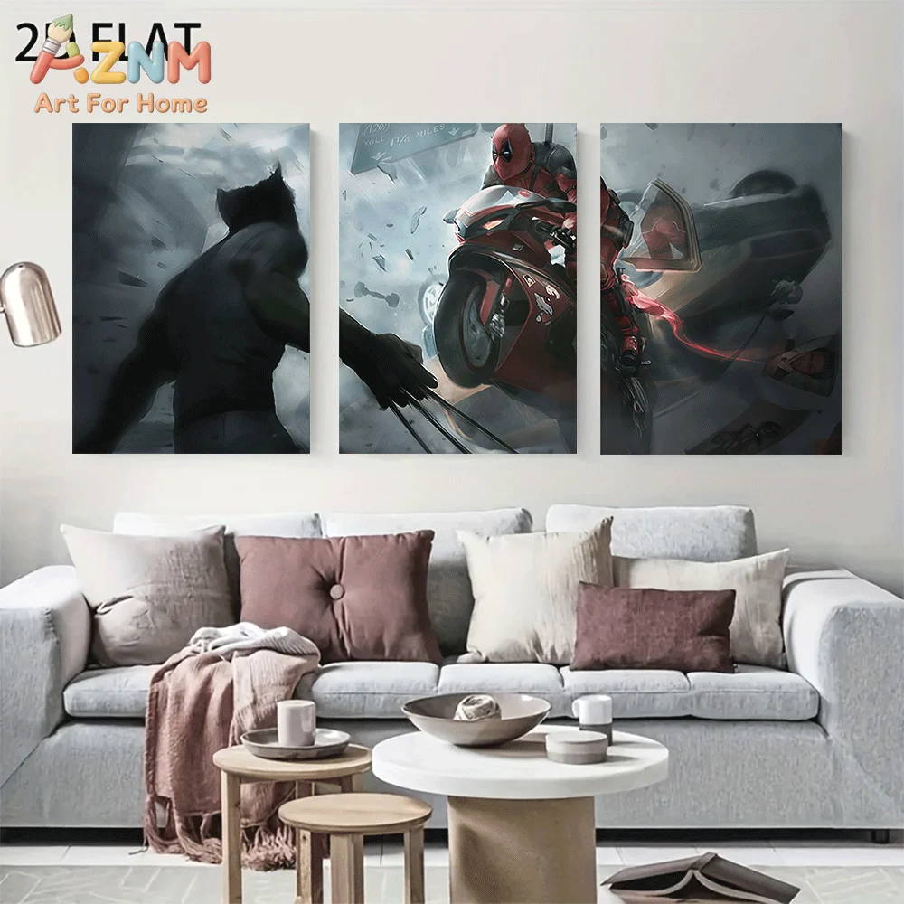 AZNM Deadpool Wolverine Canvas Wall Art Frameless Poster Motorcycle Action Scene Superhero Movie Print Boys Bedroom Decor