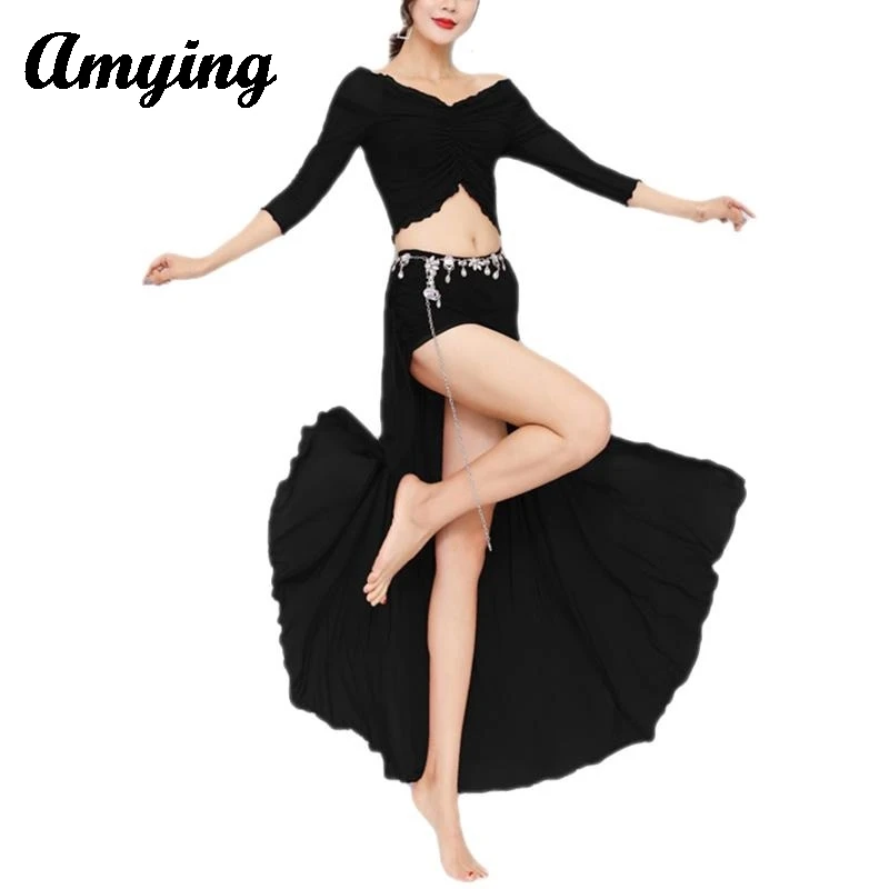 

New Women Belly Dance Practice Suit Tops+Long Dress Clothing Performance Practice Dress Set Adult Show Costumes Long Skirt