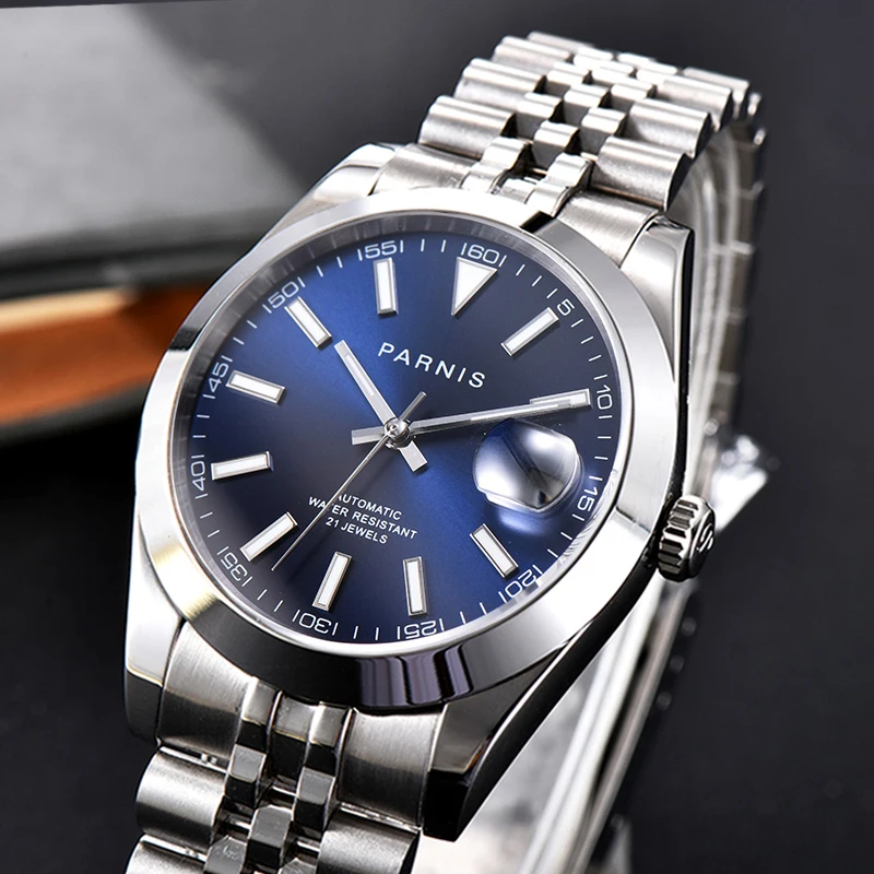 Fashion Parnis 39.5mm Blue Dial Automatic Mechanical Men Watches Silver Case Calendar Sapphire Glass Men\'s Watch reloj hombre