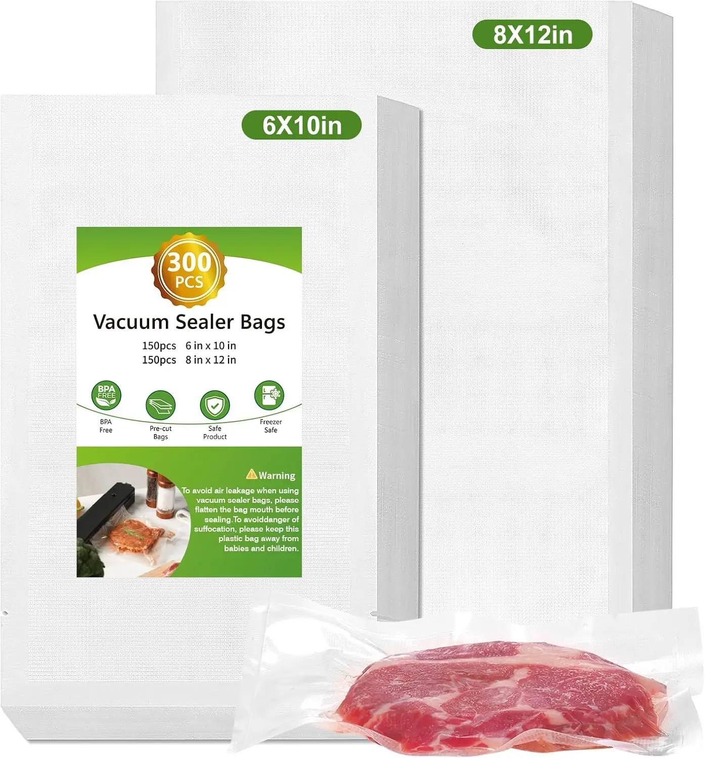 

300pcs Vacuum Sealer Bags, 150pcs Quart 8" x 12" and 150pcs Pint 6" x 10", BPA Free, Pre-cut Commercial Grade Vac Bags for Fo