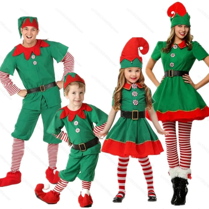 2025 Family Green Christmas Elf Cosplay Costume Santa Claus Outfits for Men Women Girls Boys Xmas New Year Fancy Dress Suit
