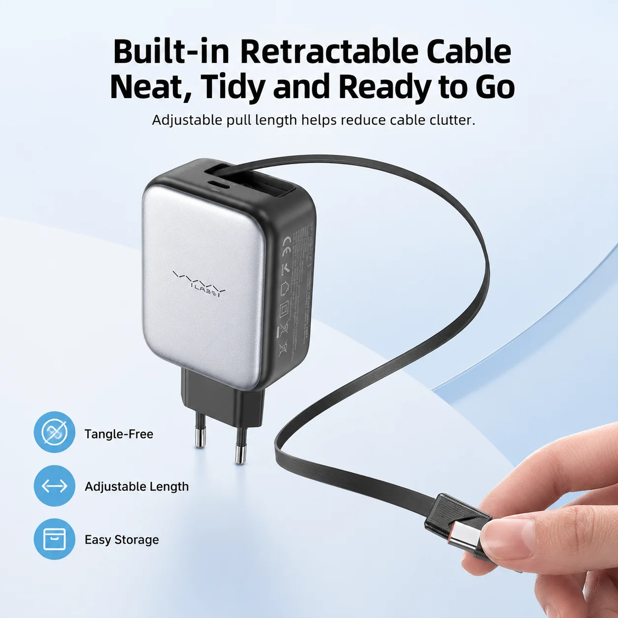Vyvylabs 65W GaN Charger Built-in Retractable Type-C Cable Dual Port Fast Charging Adapter EU Wall Plug for Laptop Tablet Phones