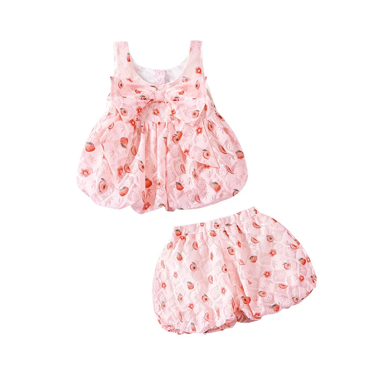 Children's Suit Summer Bow Top Peach Pink Full Print Sleeveless Suspender Shorts Girls Two-piece Set