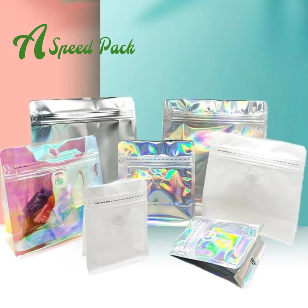 

50pcs Laser Transparent Holographic 250g 500g 125g Coffee Bean Powder Zipper Custom Printed Packaging Storage Bags with Valve
