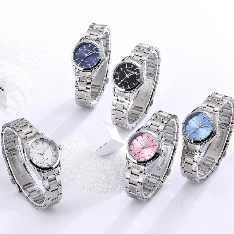 CHENXI 021B jam tangan Gaun Wanita jam Quartz gelang baja mode wanita berlian jam tangan pasangan jam wanita Relogio Feminino