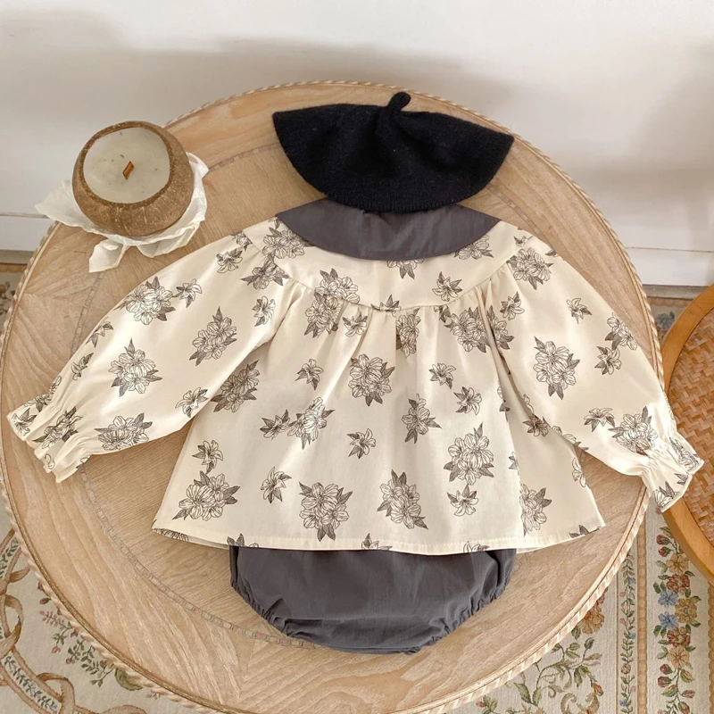 Autumn new baby clothing, 0-3 year old female baby, flower print long sleeved top+bread pants two-piece set