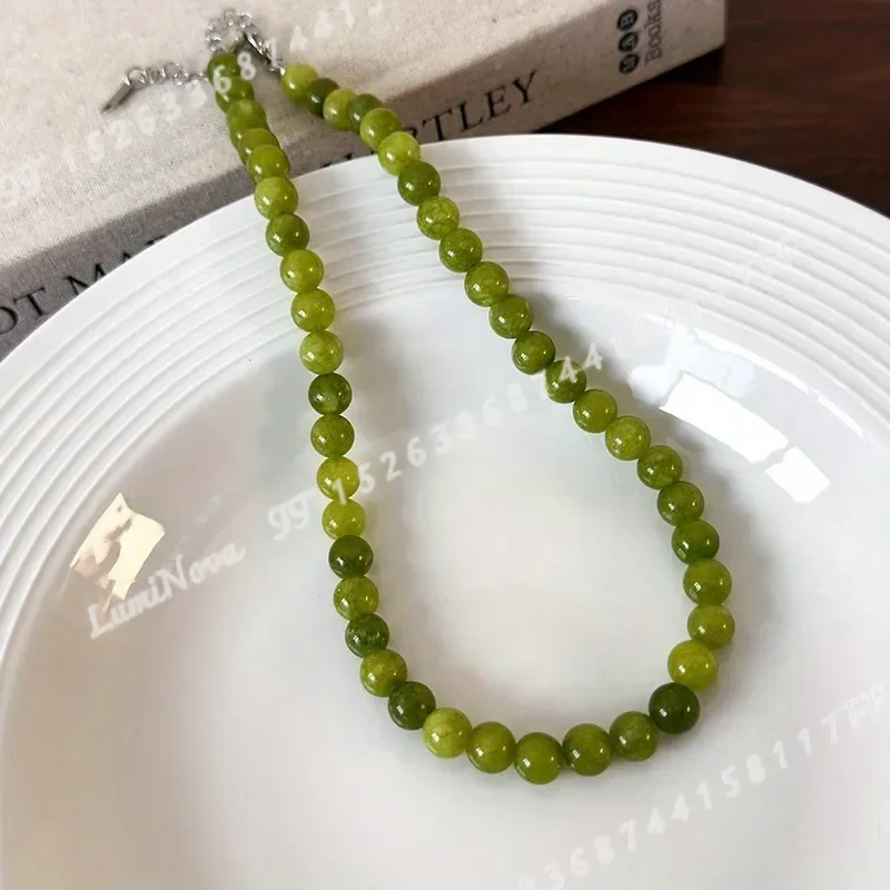 French Green Agate Grape Necklace Unique Handmade Natural Stone Choker Summer Layered New Chinese Style Women Fashion Pearl
