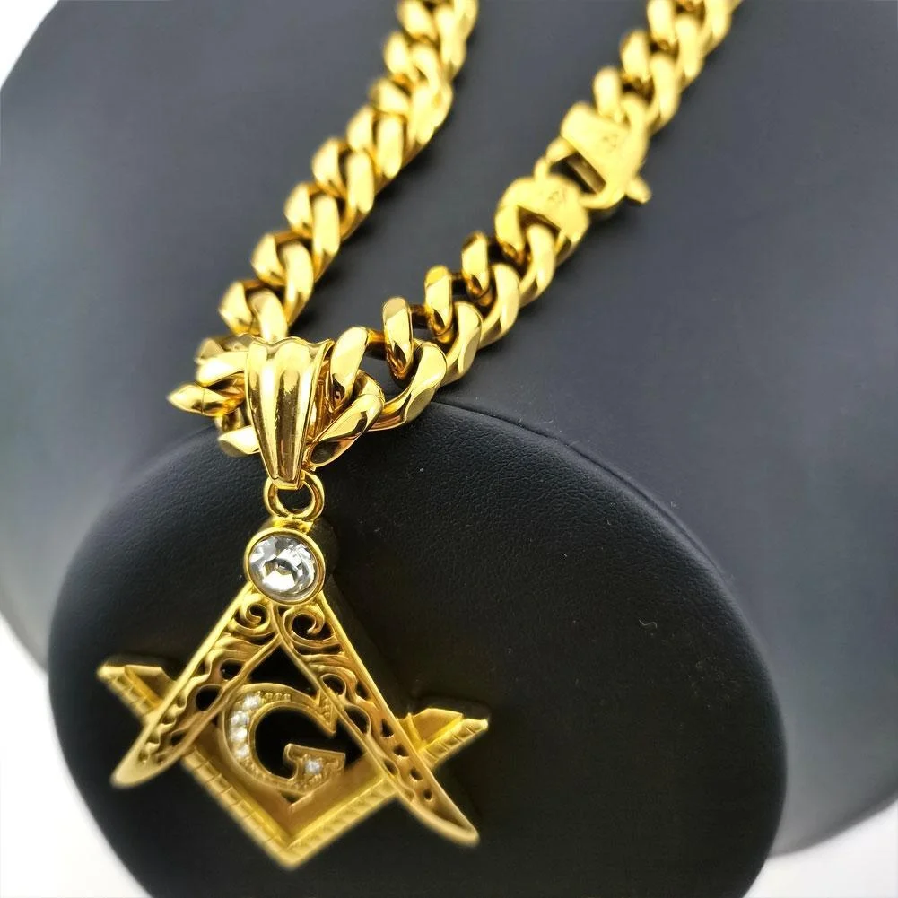 Halskette mit Strass-Anhänger, 11 mm Breite, gelb, für Herren und Damen, Freimaurerei, Freimaurer, Mauer, Edelstahl – Detail 1