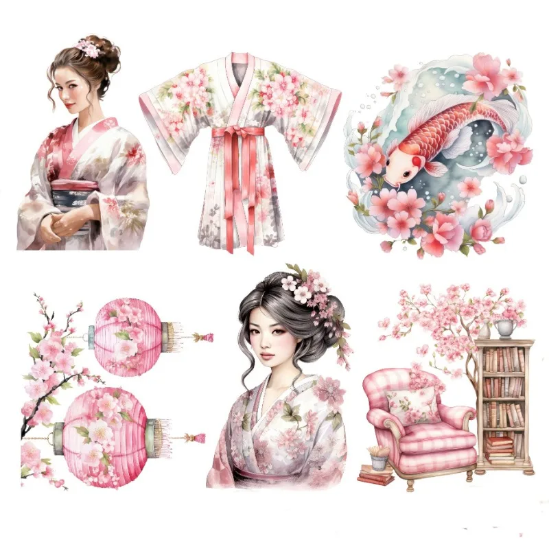 17PCS Watercolor Pink Kimono Girl Sakura Hand Account Stickers  Dessert Scrapbooking  /decorative  /DIY Craft Photo Albums