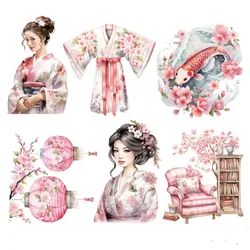 17PCS Watercolor Pink Kimono Girl Sakura Hand Account Stickers  Dessert Scrapbooking  /decorative  /DIY Craft Photo Albums