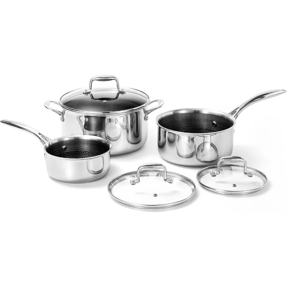 

Ceramic Nonstick 6 Pcs Pot Set, 1.3, 3&5.4-quart Pot With Tempered Glass Lid, Stainless Steel Cookware Pots