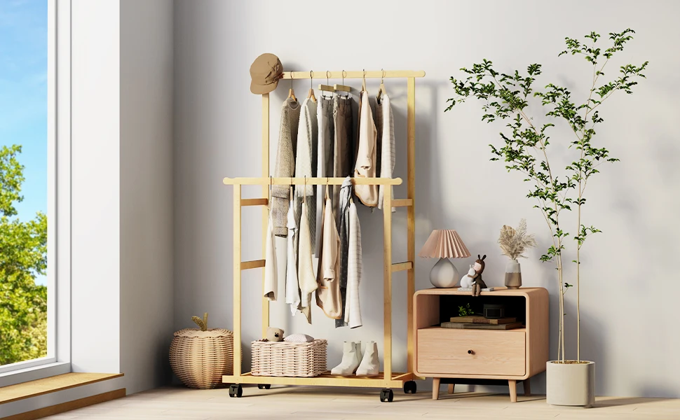 Rolling Clothes Hanging Rack with Double-Rod Wooden Garment Stand with Wheels