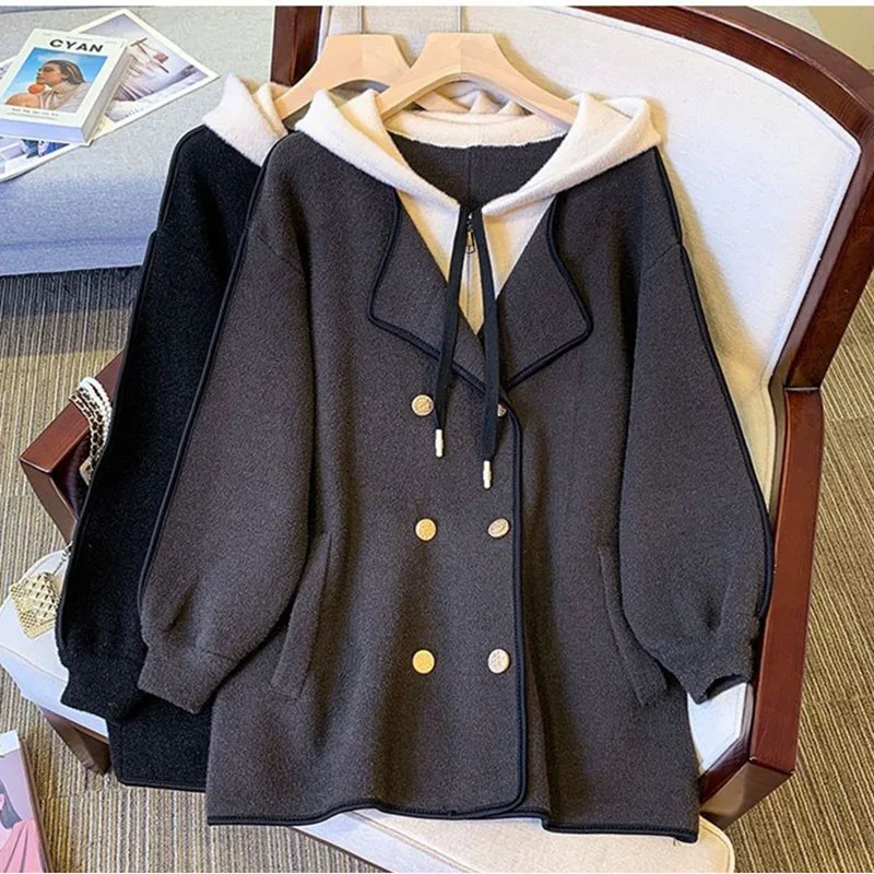 

Korean Fashion Splicing Fake Two Pieces Long Sleeve Fashion Woolen Coat Women Autumn Winter Hooded Wool Outerwear Lady Overcoat