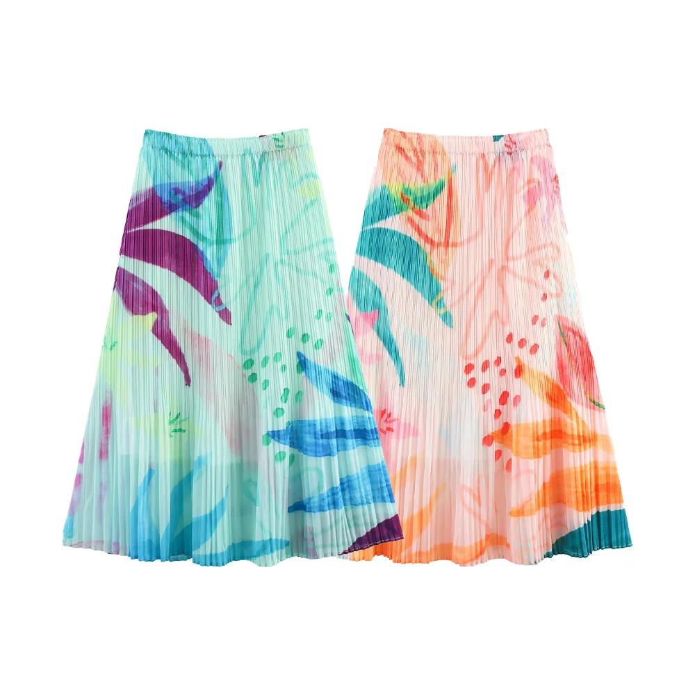 

Summer New Women's Fashion and Casual Slim Fit Wrinkle Positioning Printed Elastic Waist Hundred Fold Half Skirt