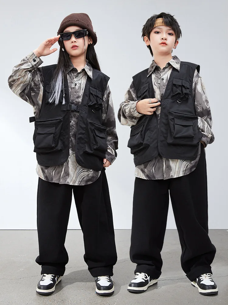 

Boys Hip Hop Street Dance Fanshion Ink Wash Shirt Cargo Vest Pants Girls Blouse Clothes Sets Child Costumes Kids Jazz Streetwear