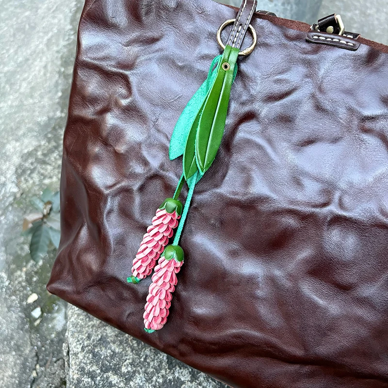 Trendy Elegant Cottagecore First Layer Bag Charm Cow Leather Lavender Spike Pendant Tassel Detail Bag Pendant Keychain