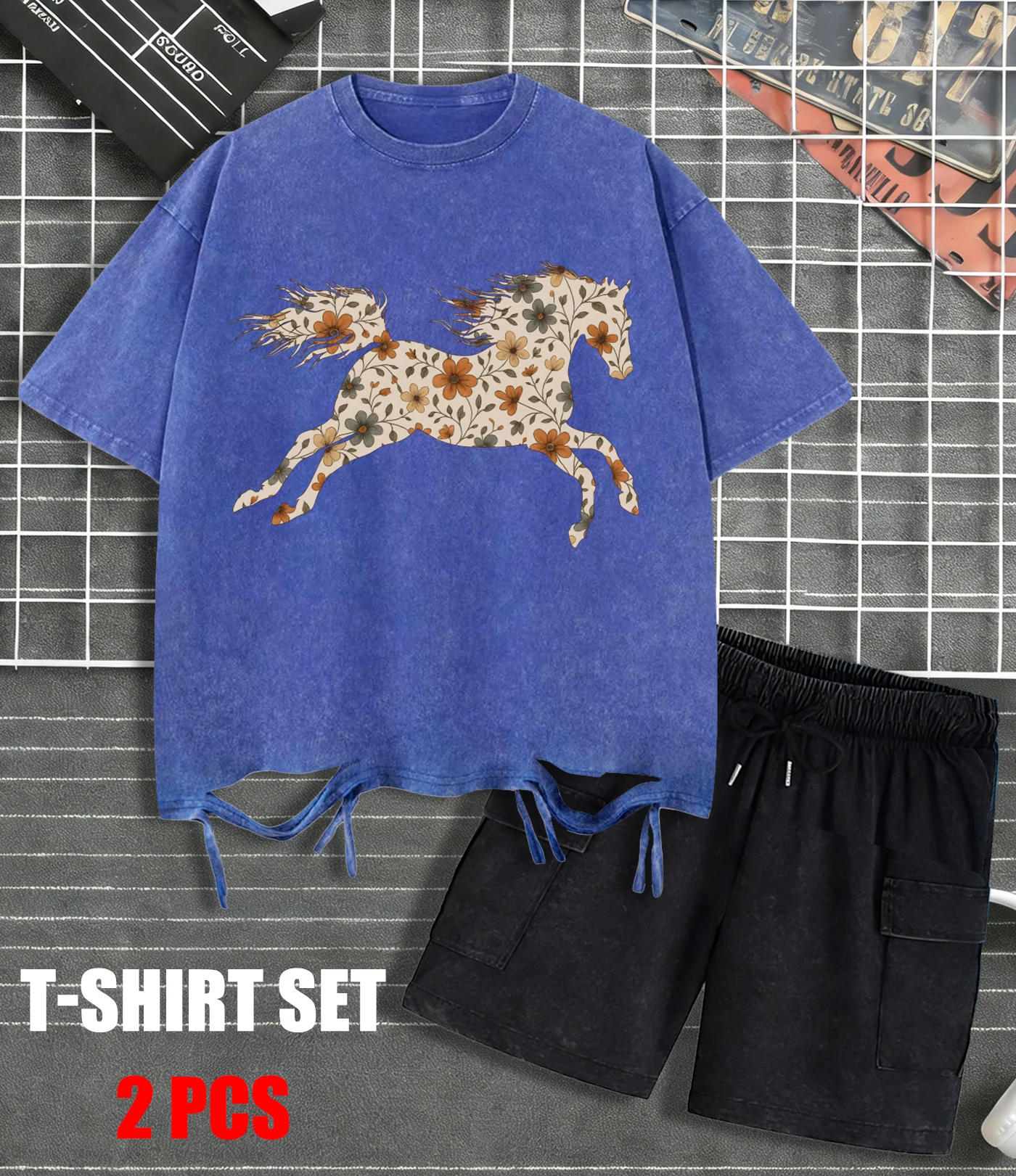 

Flowers And Horses Printed Retro T-Shirt Men Summer Soft Clothing Trendy Crewneck Washed Shorts Loose Cotton Basics Streetwear