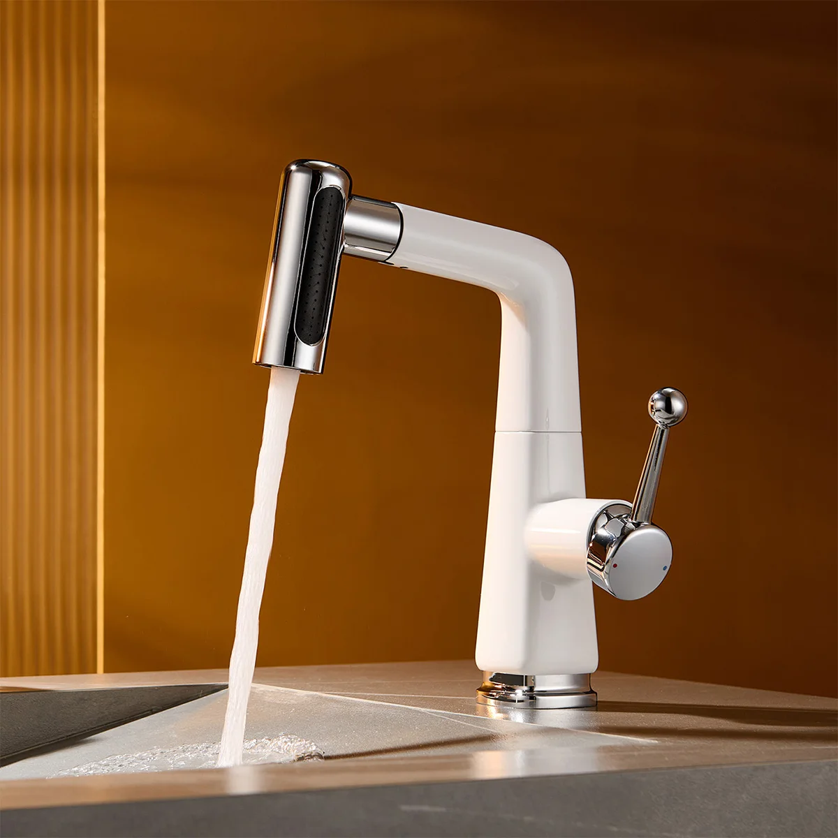 

Deck Mounted Pull Down Sink Faucet Single Handle Hot and Cold Mixer Taps 3 Modes Bathroom Vanity Sink Faucets White