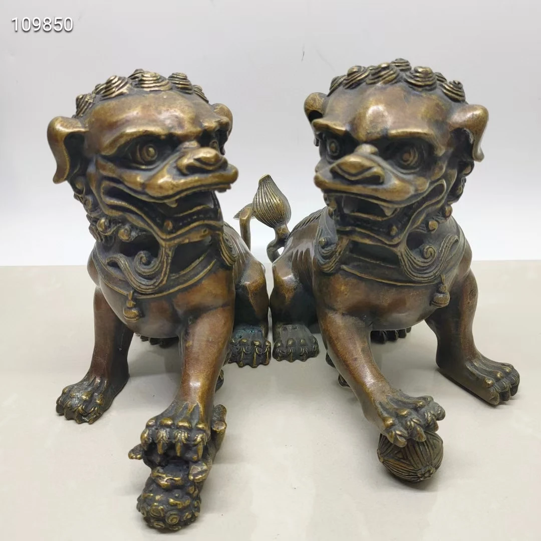 

A Pair Ancient Lion Lucky Beast Foo Dog Statuary Defend Bring Wealth Family Mascot Brass