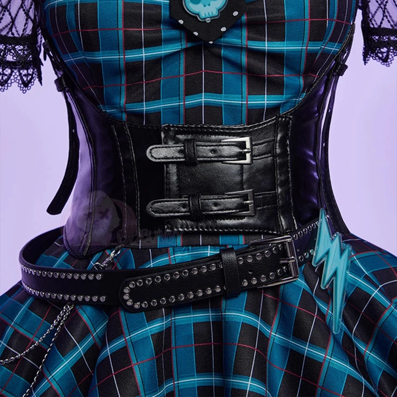 Original Design Blue Plaid Lace Splicing Hollow Out Women's Dress New Halloween Sweet Cool Cute Puff Sleeve Short Dresses Girl