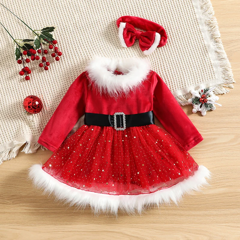 0-5Y Toddler Baby Girl Christmas Dress Long Sleeve Santa Claus Red Tulle Dress for Girls Xmas Party Princess Dress Outfit