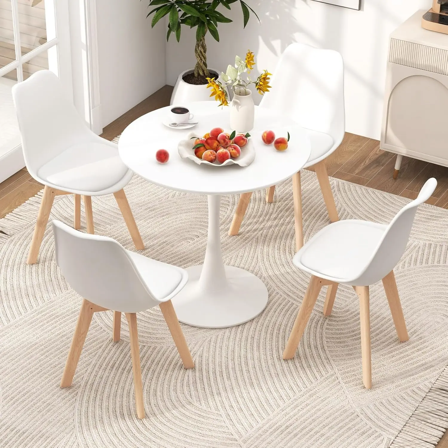 Round Dining Table Set for 4, Kitchen Table Set with Padded Seat & Solid Wood Legs, Round Kitchen Table and Chairs for Small