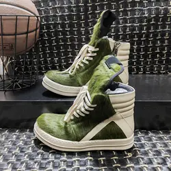 Men Boots For Women Green Horsehair Genuine Leather High Top Zip Lace Up Shoes Owens High Street Vintage Luxury Sneakers